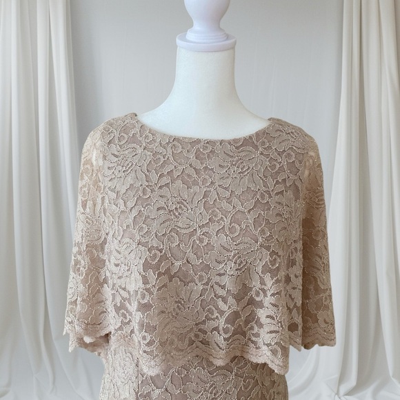 Jessica Howard Scalloped Shimmer Stretch Lace Capelet Dress Champagne 10P - Picture 2 of 9